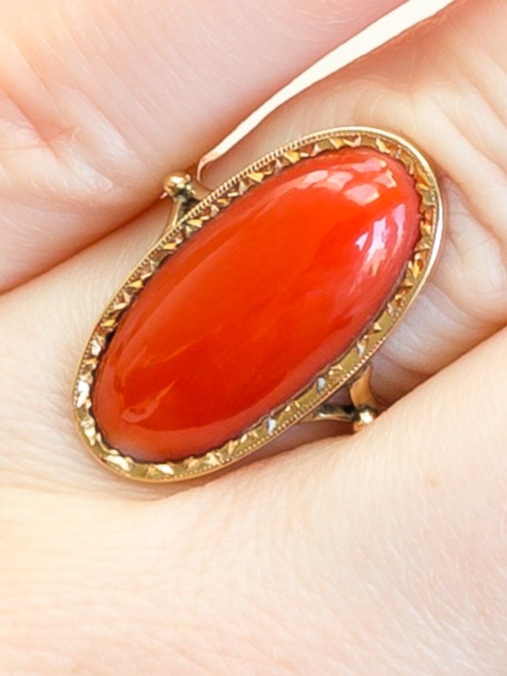 14k Gold Mediterranean Coral Cabochon Ring View 4